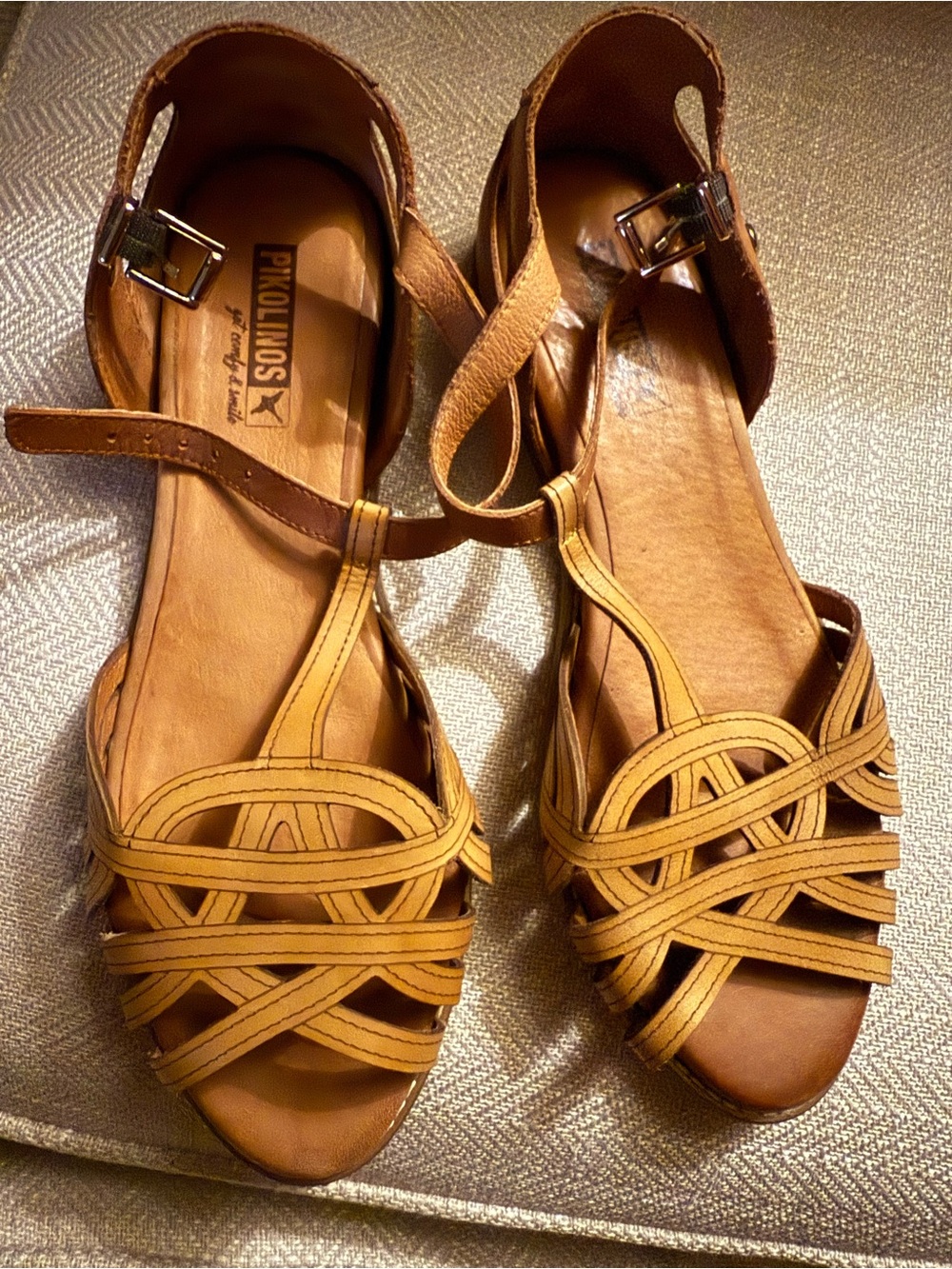 PIKOLINOS Tan Leather Woven T-Strap Sandals